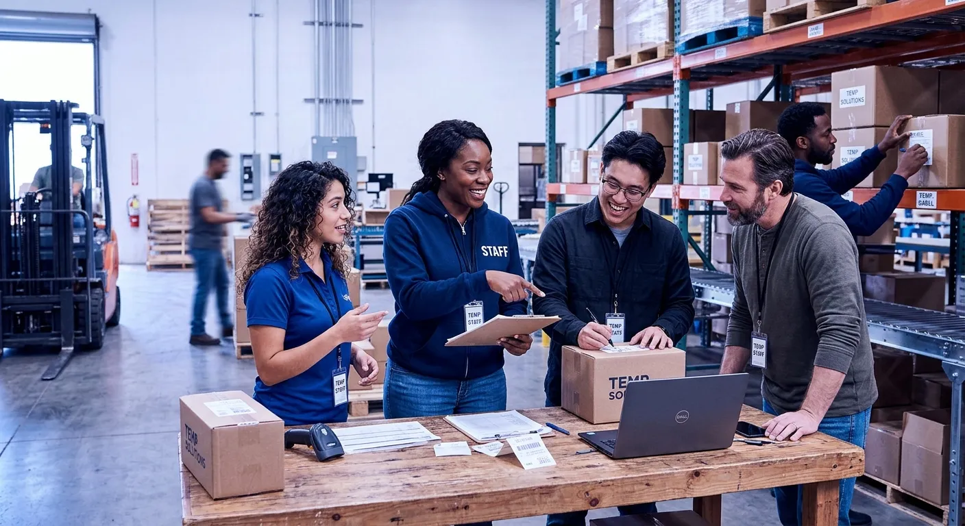 A dynamic, professional photo of a diverse team of temporary workers in a modern warehouse or office... A dynamic, professional photo of a diverse team of temporary workers in a modern warehouse or office setting, collaborating efficiently. The mood is energetic, productive, and solution-oriented, with a slight blue/violet tint to match the brand theme.