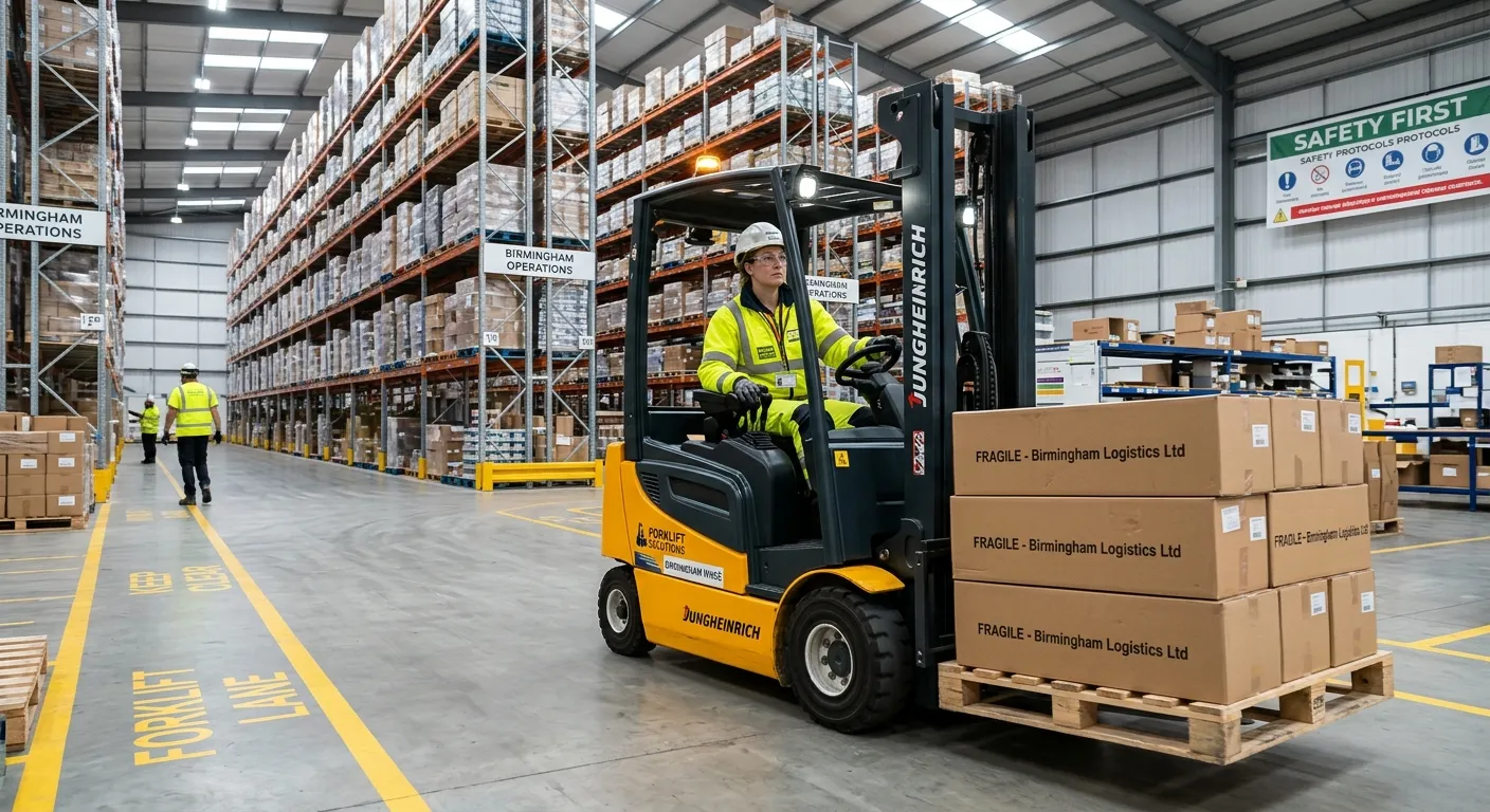 A professional, well-lit photograph of a certified forklift driver in a modern, organised warehouse in Birmingham, safely operating a counterbalance forklift. The driver is wearing high-visibility clothing and a safety helmet, focusing on moving a pallet. The image should convey competence, safety, and a busy industrial environment.
