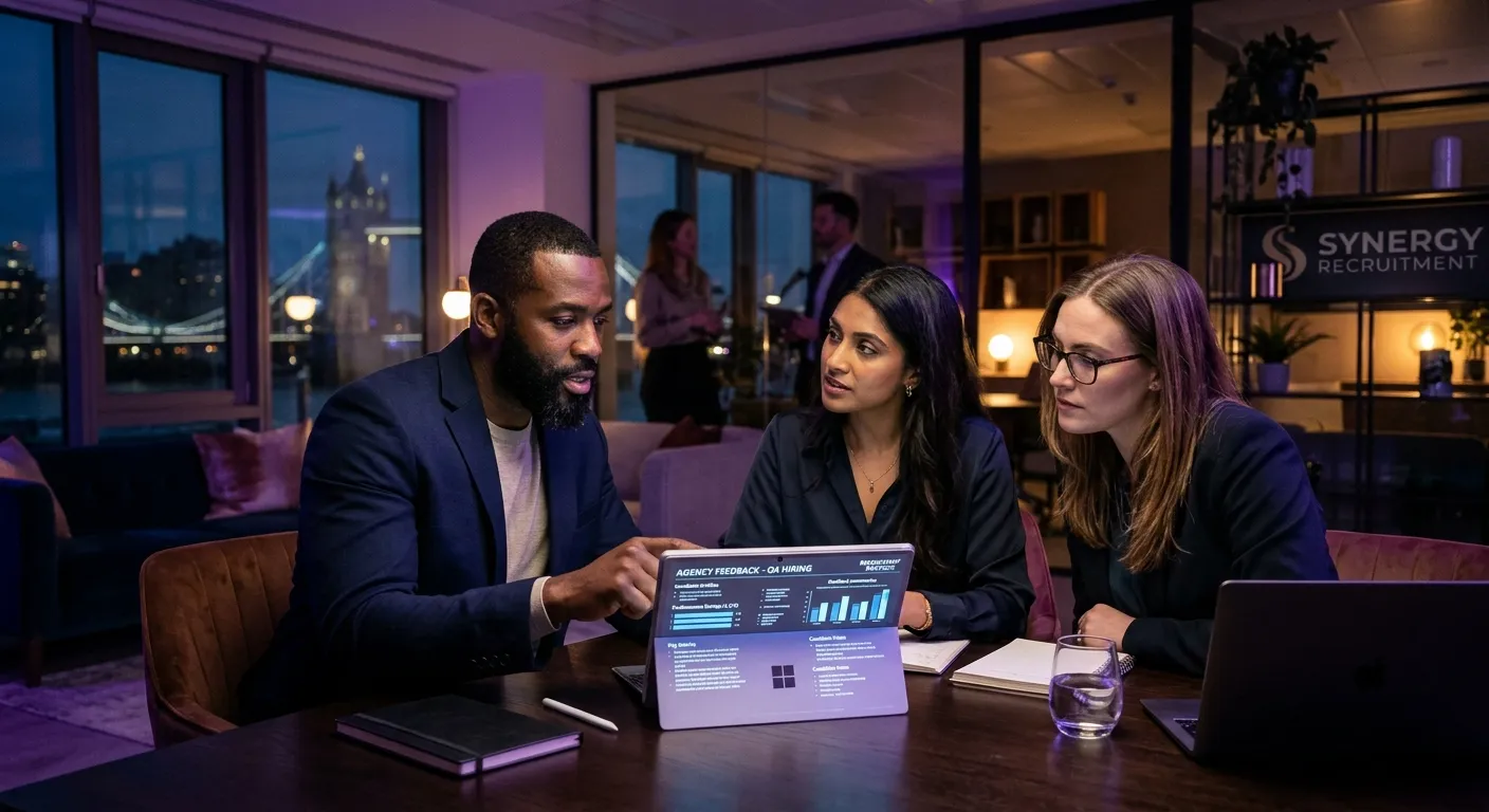 A polished modern recruitment office scene with diverse hiring managers reviewing agency feedback on a tablet, warm violet and indigo lighting, professional boutique agency mood, high contrast, cinematic depth