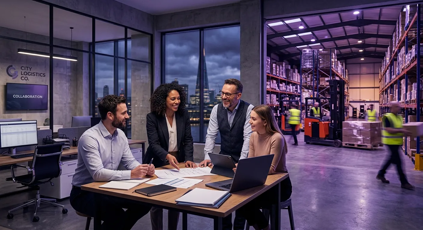 A polished, high-contrast hero image showing a modern London office team collaborating beside a busy... A polished, high-contrast hero image showing a modern London office team collaborating beside a busy warehouse floor, with violet and indigo lighting, professional recruitment mood, sharp focus, premium corporate style