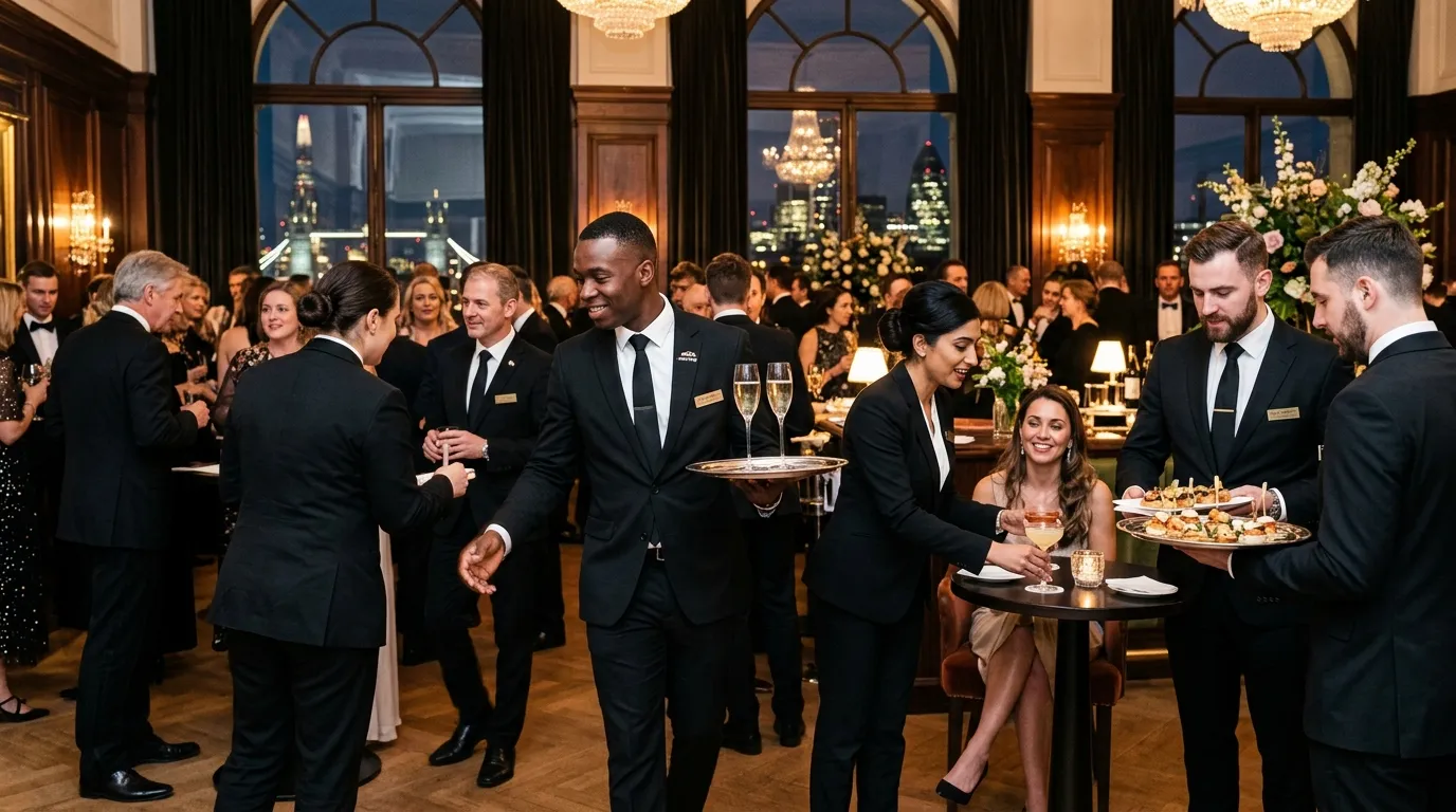 A dynamic, professional hero image showing a diverse team of impeccably dressed waitstaff in a high-end London event venue, working seamlessly together. Style is vibrant and sharp, conveying energy and premium service.
