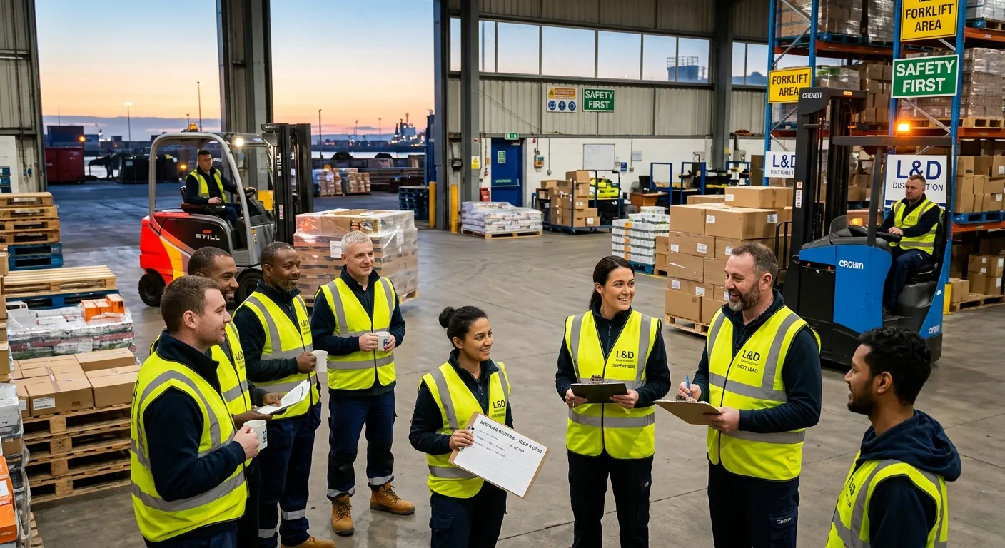 A modern Aberdeen warehouse team briefing at dawn, forklifts and pallets in the background, professional supervisors holding clipboards, bright natural light, trustworthy recruitment advert style