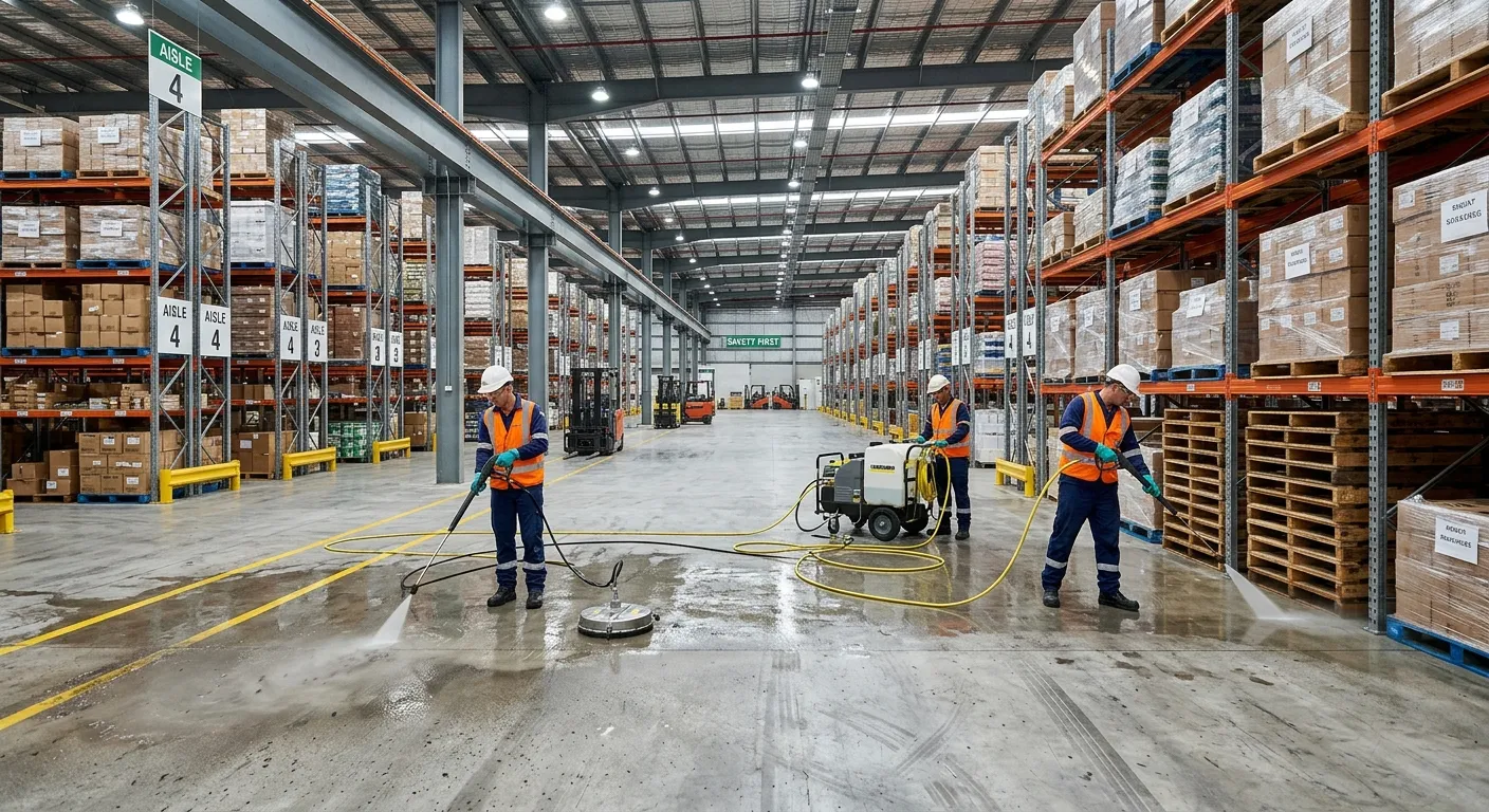 A professional, wide-angle shot of a dedicated cleaning crew in high-visibility vests efficiently power-washing a large, organized warehouse floor. The image should convey cleanliness, safety, and industrial-scale operations. The style is crisp, modern, and professional.