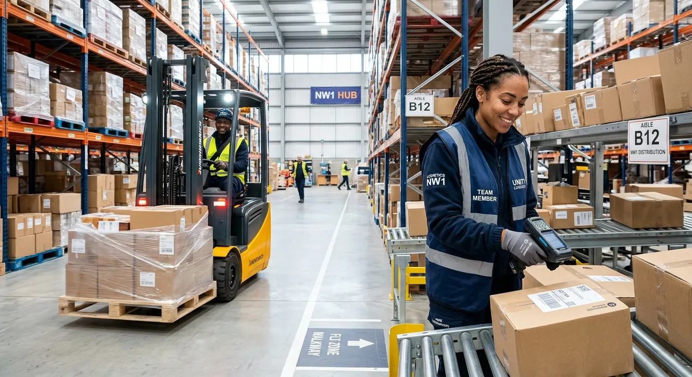 Professional London warehouse team in NW1, Warehouse Assistant scanning packages, Forklift Driver safely moving pallets, bright modern distribution centre, diverse workers in hi-vis, trustworthy and energetic mood, realistic photographic style