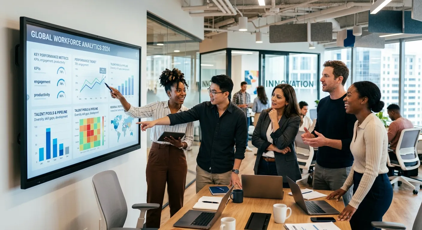 A dynamic, modern office environment with a diverse team collaborating around a large digital dashboard displaying workforce analytics, talent pools, and performance metrics. The mood is vibrant, professional, and forward-thinking.