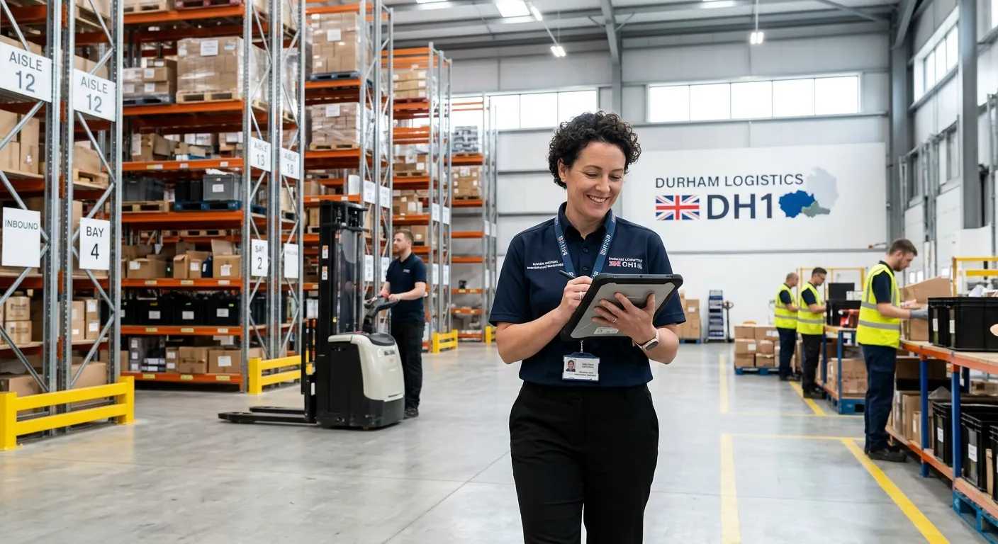 A professional, confident Warehouse Manager in a modern, organised Durham DH1 warehouse, overseeing operations with a tablet. Style: Bright, realistic corporate photography.