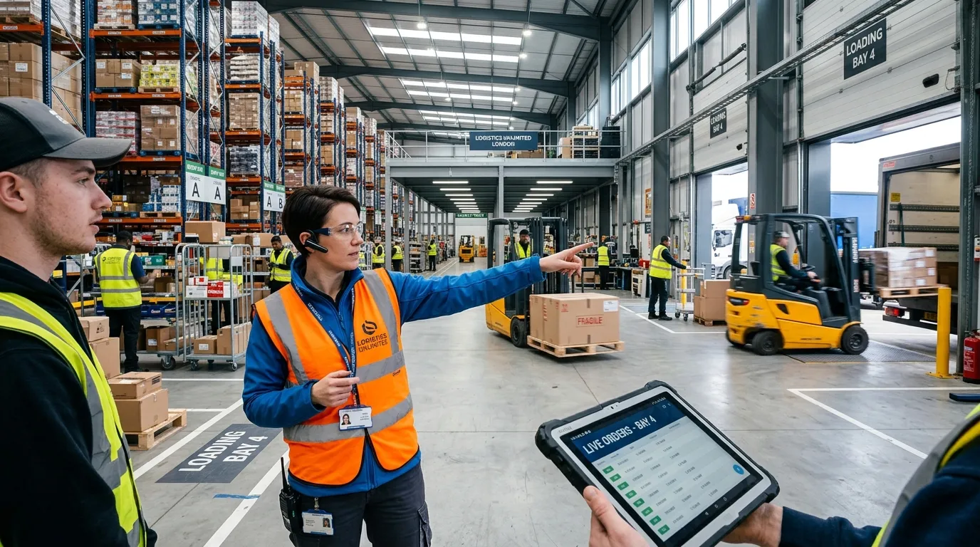 A dynamic, wide-angle photo from within a modern, clean London warehouse at peak operation. A warehouse manager in a hi-vis vest and headset is pointing towards a loading bay while checking a tablet, with a team of operatives in the background picking orders and forklifts moving smoothly in designated aisles.
