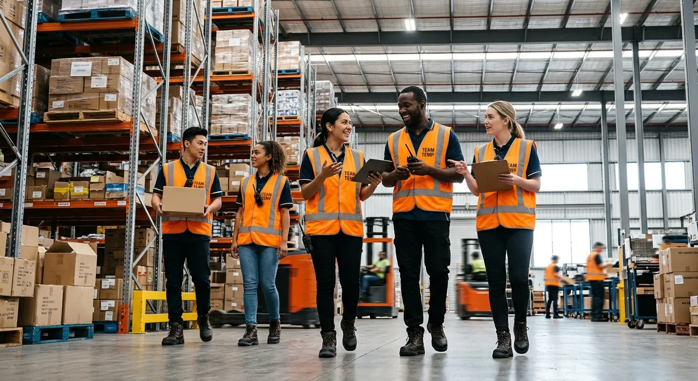 A dynamic, high-energy professional photo of a diverse team of temporary workers collaborating in a... A dynamic, high-energy professional photo of a diverse team of temporary workers collaborating in a modern warehouse or event space, wearing high-visibility vests and communicating, shot from a low angle to convey scale and readiness.
