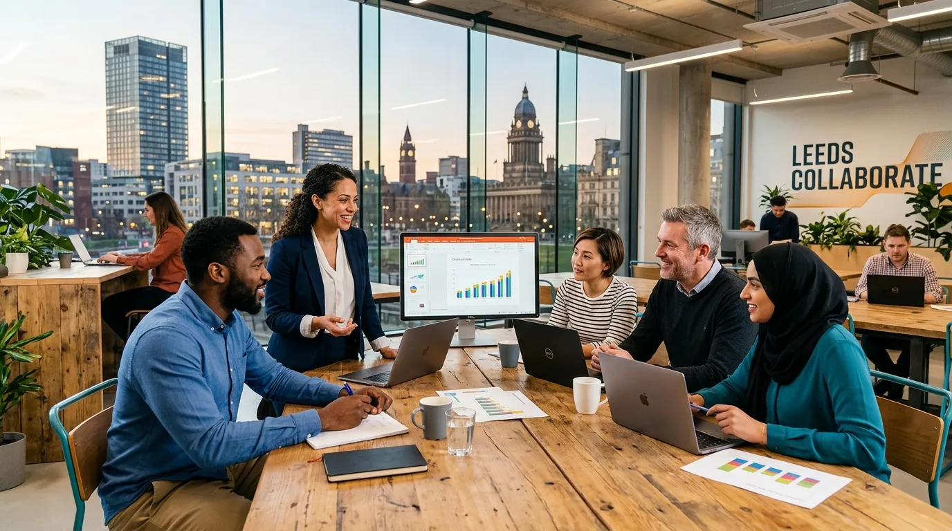 A dynamic, professional hero image showing a diverse team of professionals collaborating in a modern Leeds office space, with the Leeds skyline visible through a window. Style: Modern, vibrant, and professional.
