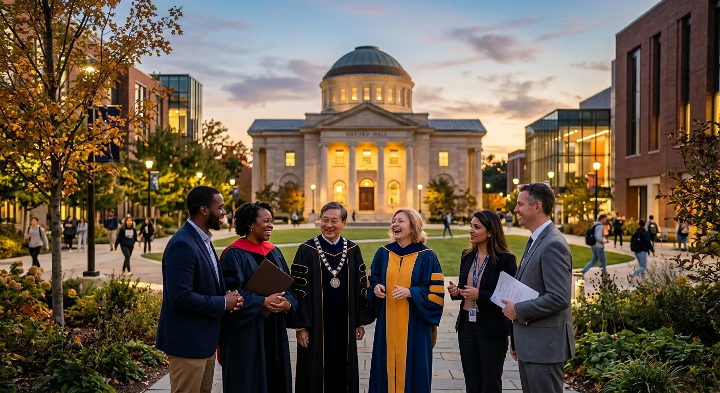 A modern, professional-looking university campus at dusk, with a neo-classical building in the background. In the foreground, a diverse group of professional staff members—some in academic regalia, others in business attire—are gathered in a friendly discussion. Style: Professional stock photography, warm golden hour lighting, focus on community and expertise.