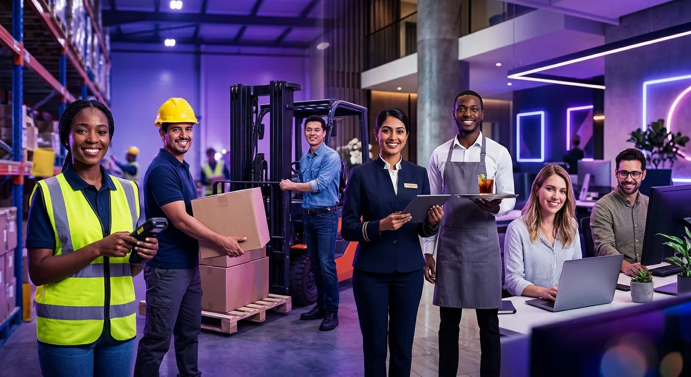 Modern hero image of diverse temporary workers in warehouse, hospitality, and office environments, p... Modern hero image of diverse temporary workers in warehouse, hospitality, and office environments, professional recruitment agency style, vibrant violet and indigo lighting, confident mood
