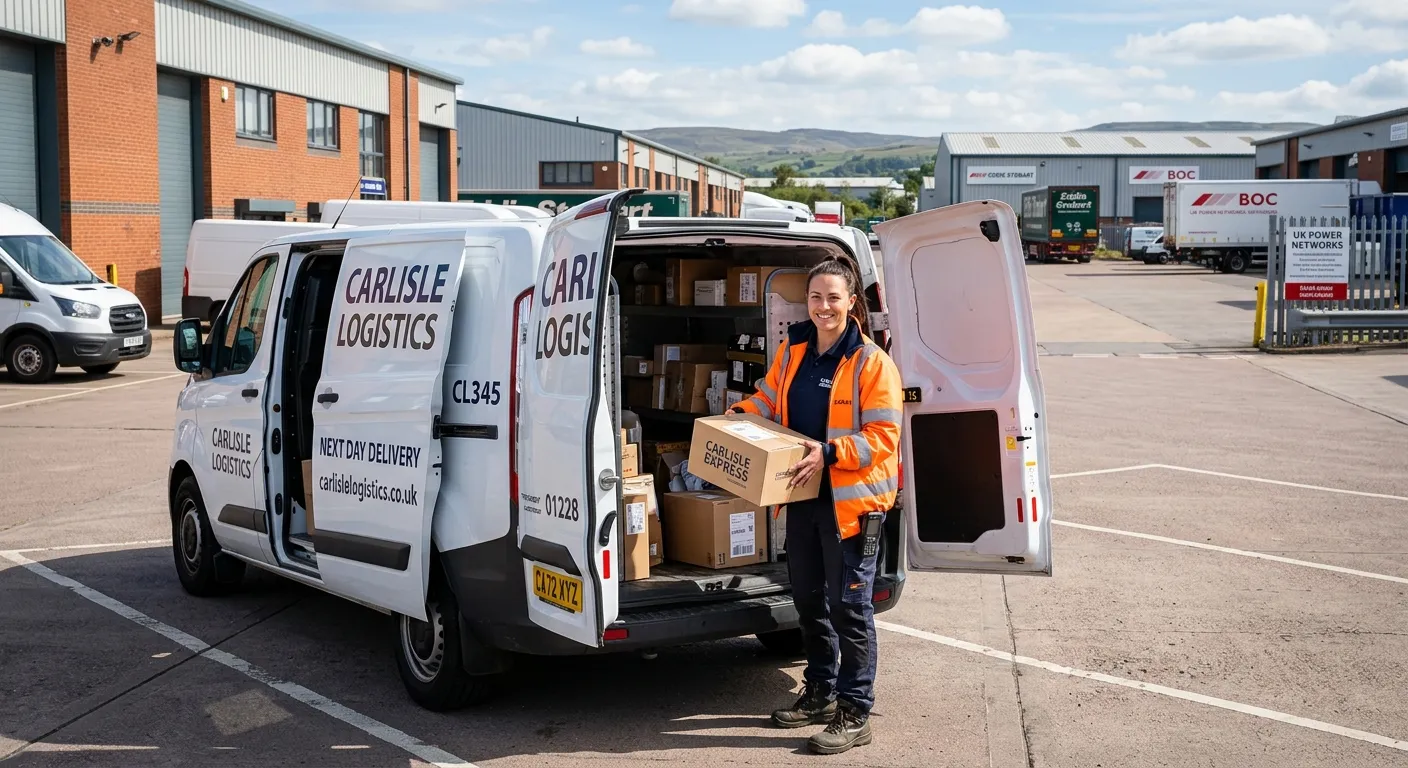 A professional, confident multi-drop delivery driver in hi-vis clothing, loading parcels into a modern van on a bright day in a Carlisle industrial estate, conveying efficiency and opportunity.