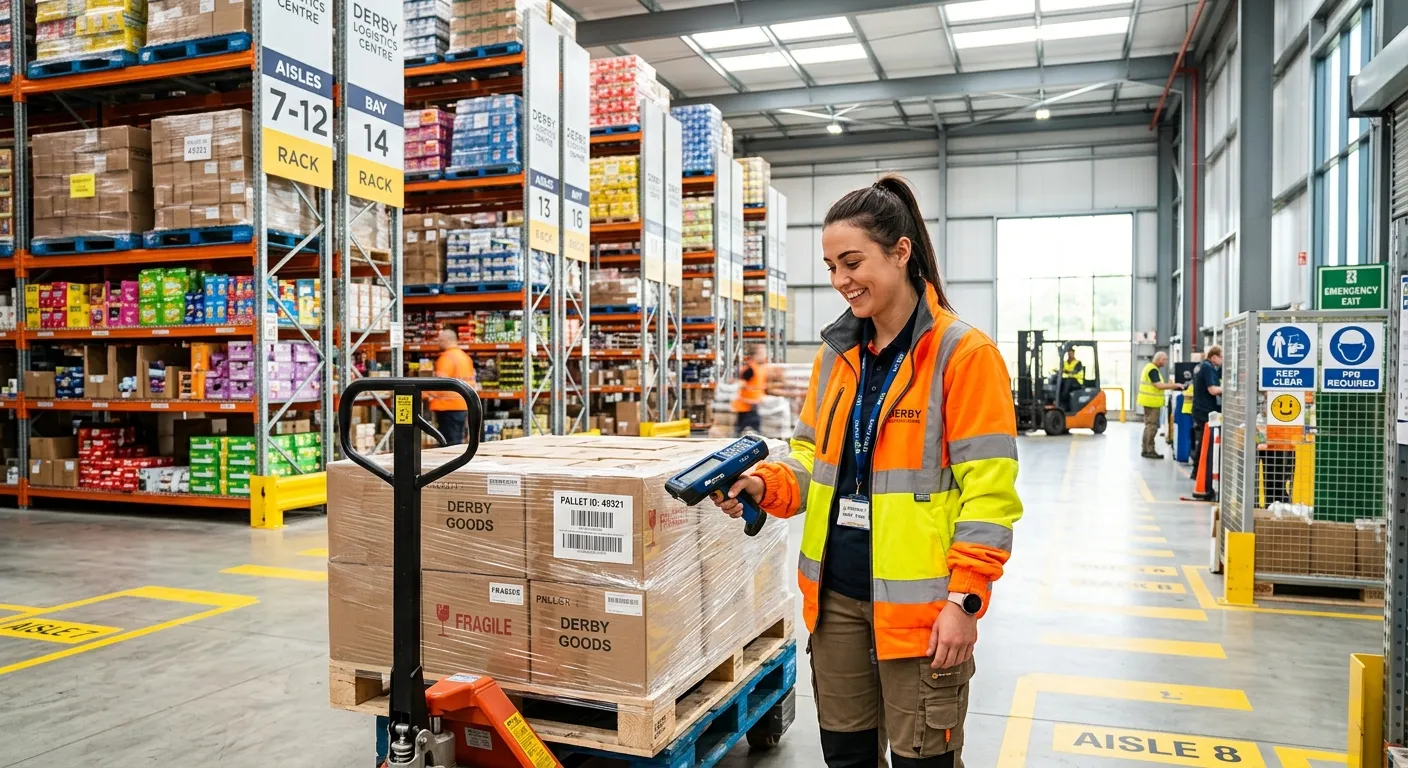 A modern, vibrant warehouse interior in Derby, showing a friendly warehouse assistant in high-visibi... A modern, vibrant warehouse interior in Derby, showing a friendly warehouse assistant in high-visibility gear scanning a pallet in a clean, organised logistics centre. Bright, optimistic lighting.