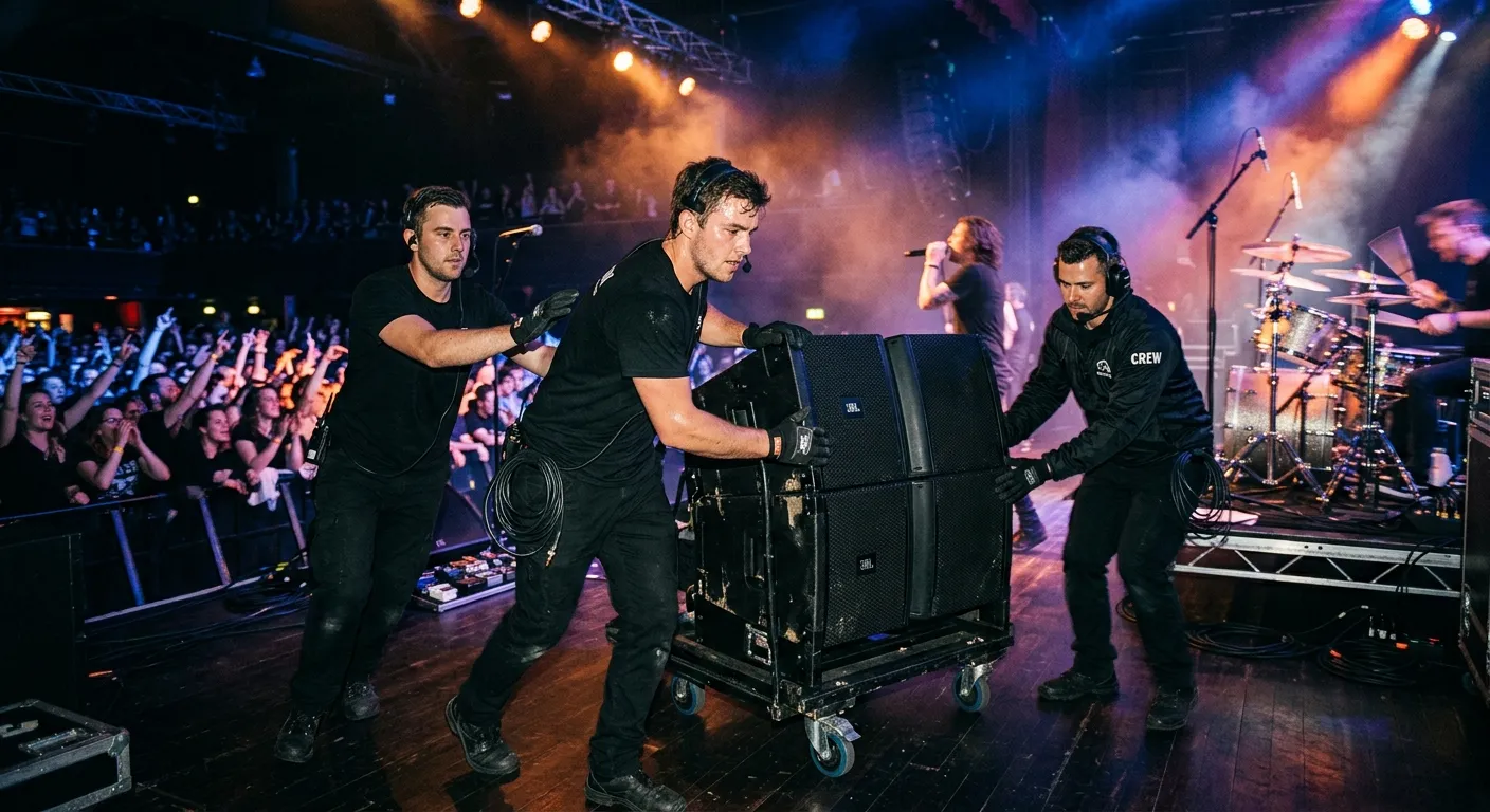 A dynamic, high-energy shot of a professional stage crew in action during a live concert. They are moving a large speaker cabinet under dramatic stage lighting, showcasing teamwork, focus, and coordination. Moody, professional photography style.