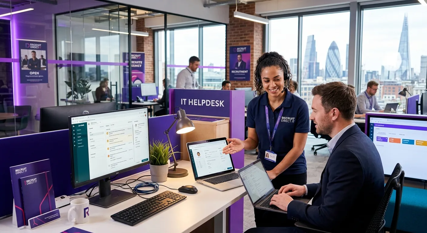 A bright modern City of London office support desk scene, an IT Helpdesk professional assisting colleagues with laptops and tickets, professional recruitment agency style, violet and indigo accents, confident and trustworthy mood