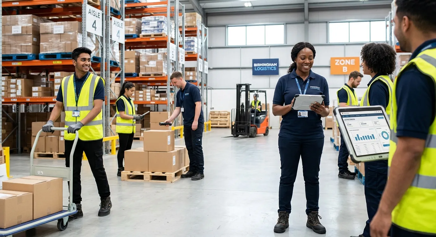 A professional, diverse team of warehouse staff in a modern, clean Birmingham logistics facility, looking engaged and productive. A Warehouse Manager is seen overseeing operations on a tablet. Style: Bright, realistic, professional corporate photography.
