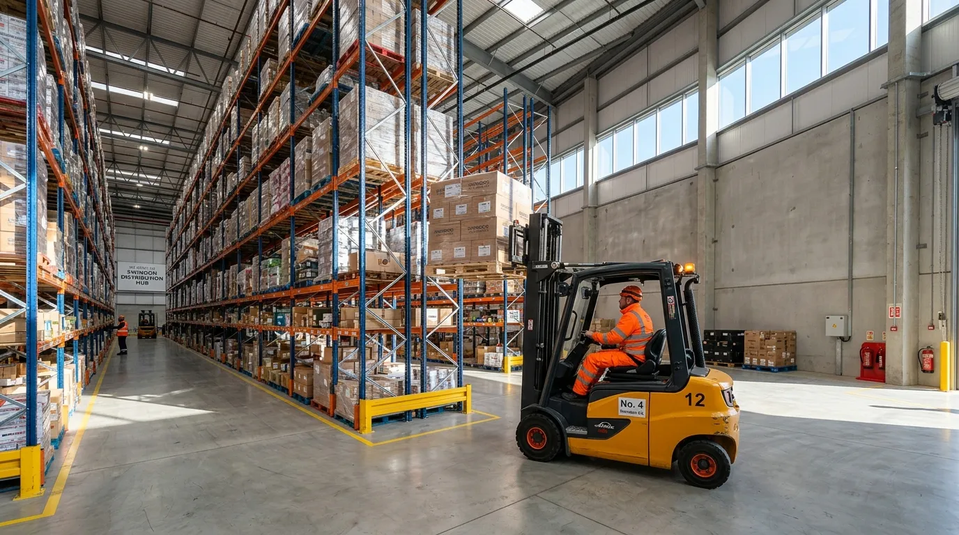 A wide-angle photo inside a modern, clean, high-bay warehouse in Swindon. Sunlight streams through high windows onto neat rows of racking. A forklift driver in high-visibility clothing is safely placing a pallet.