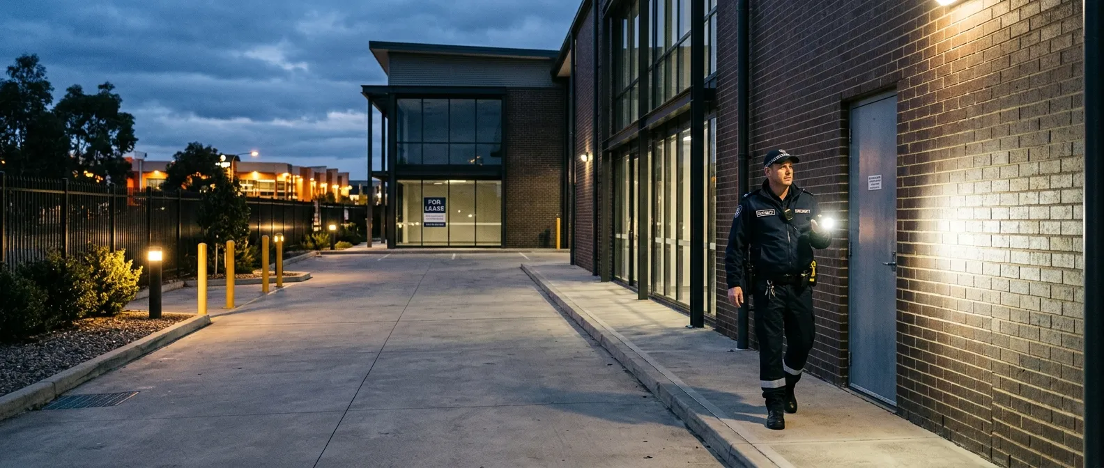 Professional, atmospheric hero image showing a well-lit, secure vacant commercial property at dusk.... Professional, atmospheric hero image showing a well-lit, secure vacant commercial property at dusk. A uniformed security guard is conducting a perimeter check with a torch. Mood is vigilant, secure, and professional.
