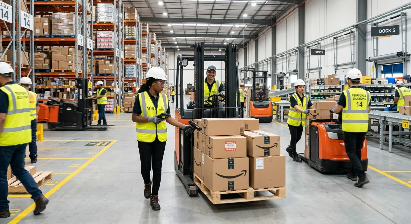 A dynamic, high-energy shot of a modern, clean warehouse floor. A diverse team of temporary warehouse operatives efficiently moving goods with forklifts and scanners. Bright lighting, professional safety gear, and a sense of organized activity. Mood: Professional, efficient, scalable.