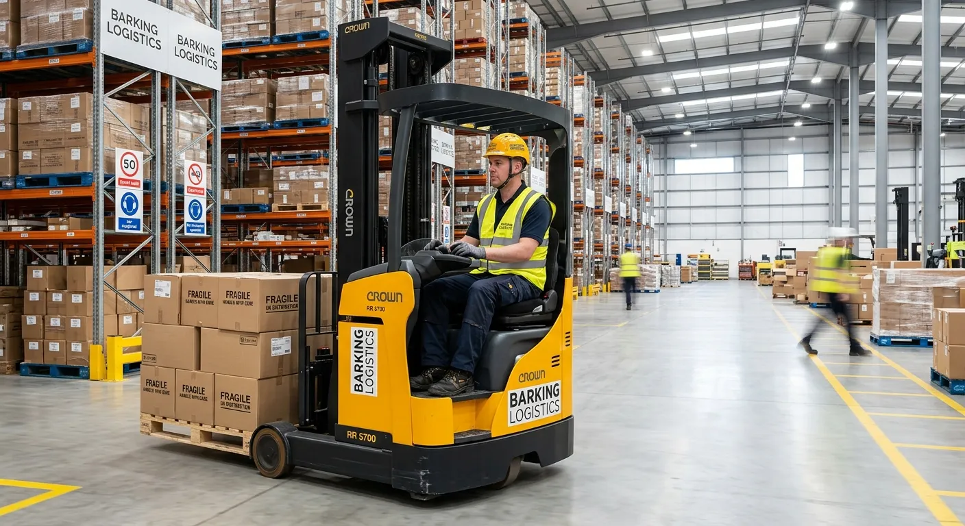 A professional, action-shot of a certified forklift driver in a modern, well-organised warehouse in... A professional, action-shot of a certified forklift driver in a modern, well-organised warehouse in Barking, safely operating a reach truck. The driver is wearing full PPE including hi-vis vest and safety boots, with a focused expression. The image should convey efficiency, safety, and a high-standard working environment.