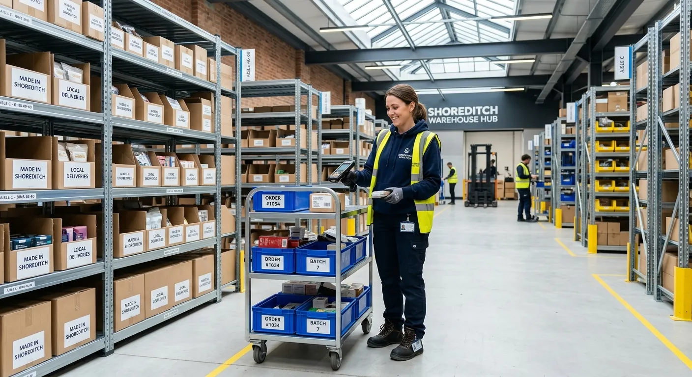 A professional, well-lit image of a modern warehouse in Shoreditch, London, showing a Picker/Packer... A professional, well-lit image of a modern warehouse in Shoreditch, London, showing a Picker/Packer using a handheld scanner and trolley in a clean, organized aisle. Focus on efficiency and a positive work environment.