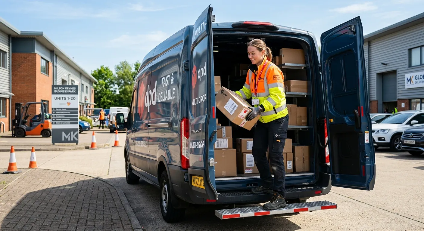 A professional, confident Multi-Drop Delivery Driver in high-visibility clothing, loading packages into a modern van in an industrial estate in Milton Keynes. Bright, clear day, focused and efficient mood.