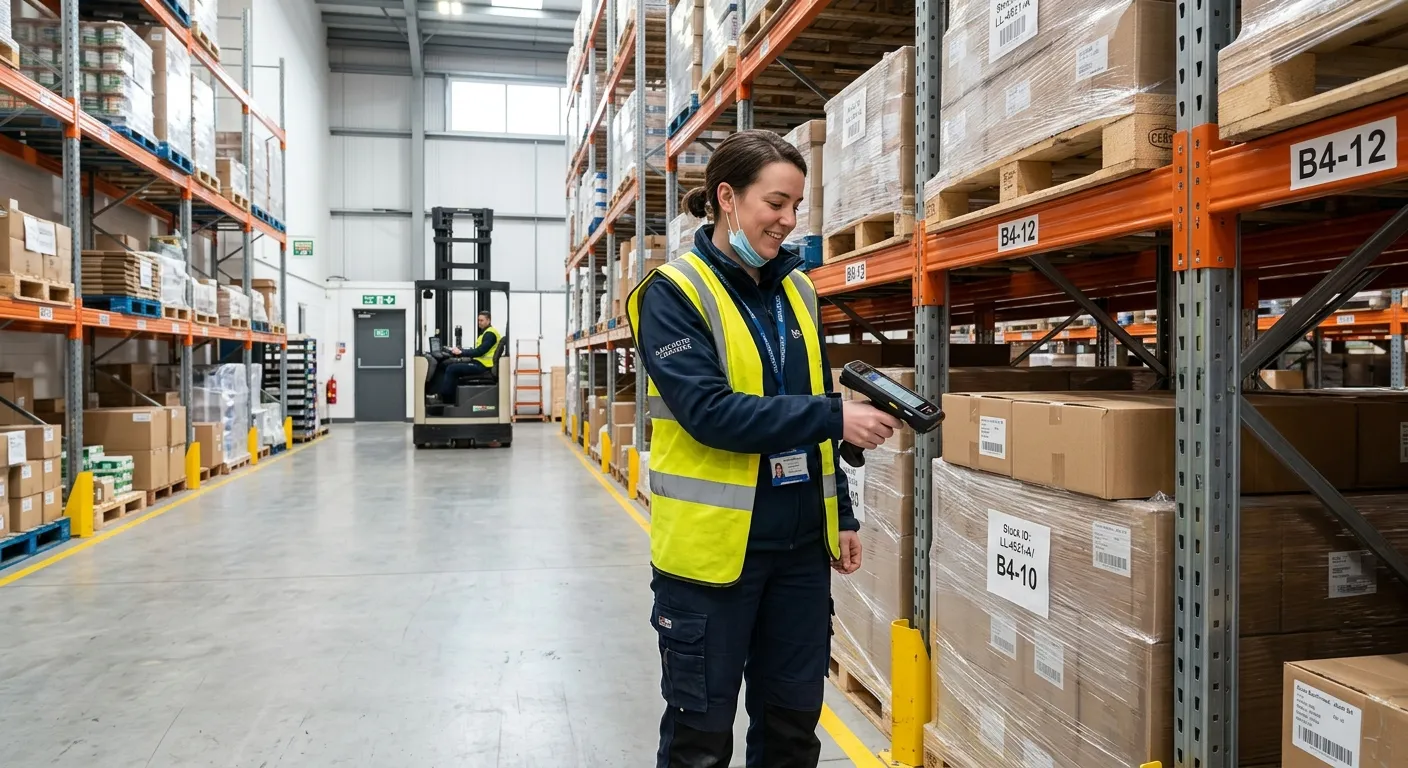 A professional, well-lit photo of a modern, organised warehouse in Lancaster, featuring a friendly W... A professional, well-lit photo of a modern, organised warehouse in Lancaster, featuring a friendly Warehouse Assistant in high-visibility clothing safely operating a hand scanner while standing by a pallet rack. The mood is efficient, clean, and welcoming.