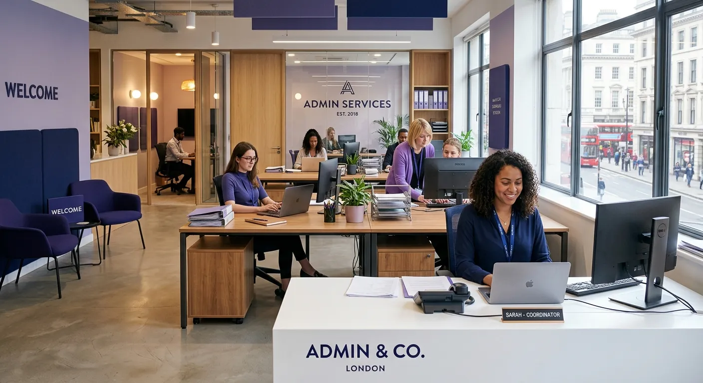 A polished modern London office with temporary administrative staff, receptionists, and coordinators working calmly at bright desks, featuring violet and indigo accents, professional boutique agency style, soft natural light, and a trustworthy corporate mood.