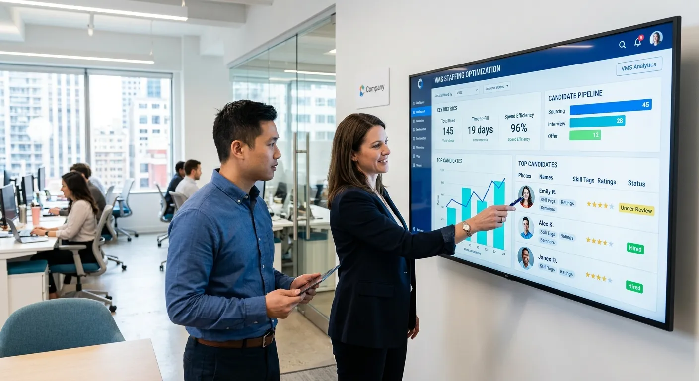 A modern, professional office environment with a manager reviewing a digital dashboard on a large mo... A modern, professional office environment with a manager reviewing a digital dashboard on a large monitor. The screen displays clear analytics and candidate profiles, representing efficient VMS staffing. Style: Bright, clean, professional, with a focus on technology and human collaboration.