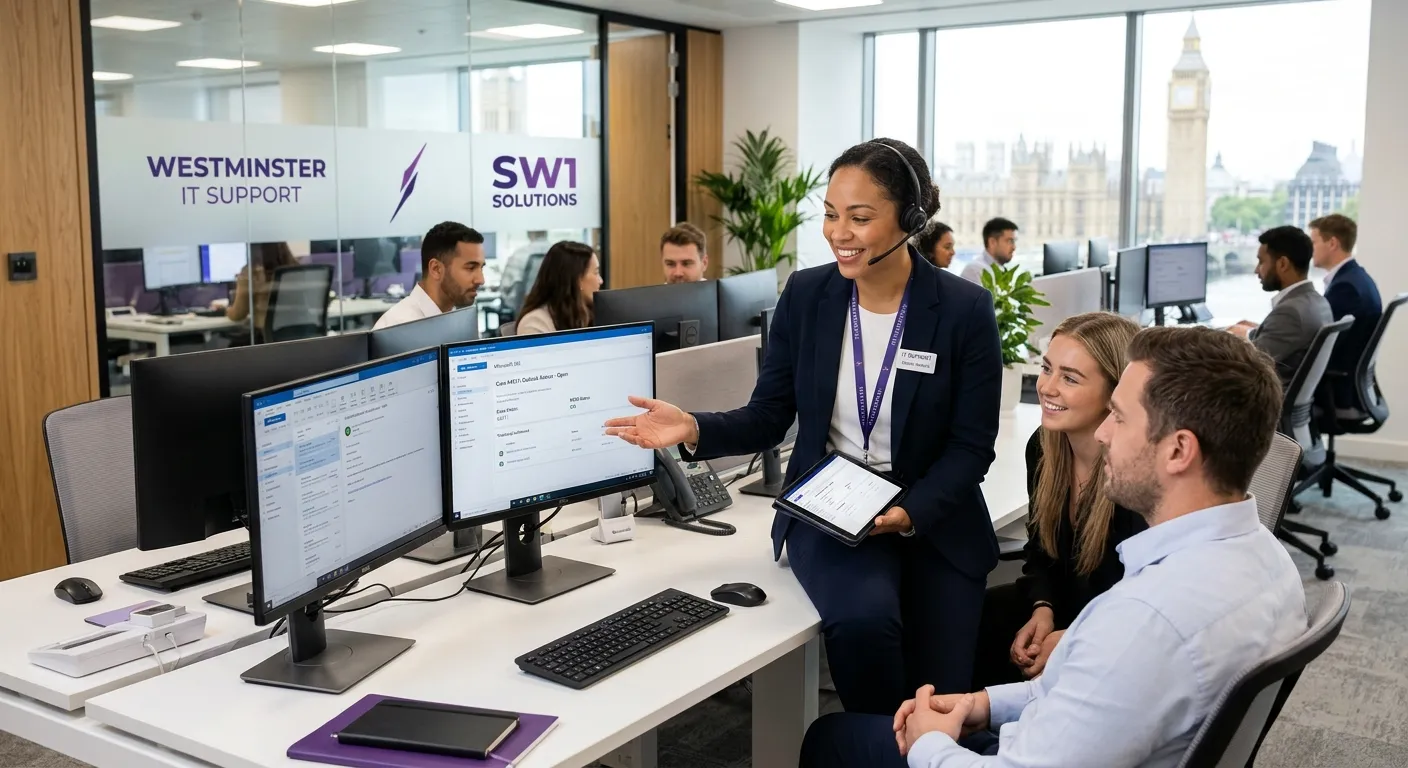 A confident IT Helpdesk support professional assisting office users in a modern Westminster SW1 work... A confident IT Helpdesk support professional assisting office users in a modern Westminster SW1 workspace, with clean desks, Microsoft 365 screens, ticketing dashboard, subtle violet and indigo branding, premium recruitment agency style, bright and trustworthy