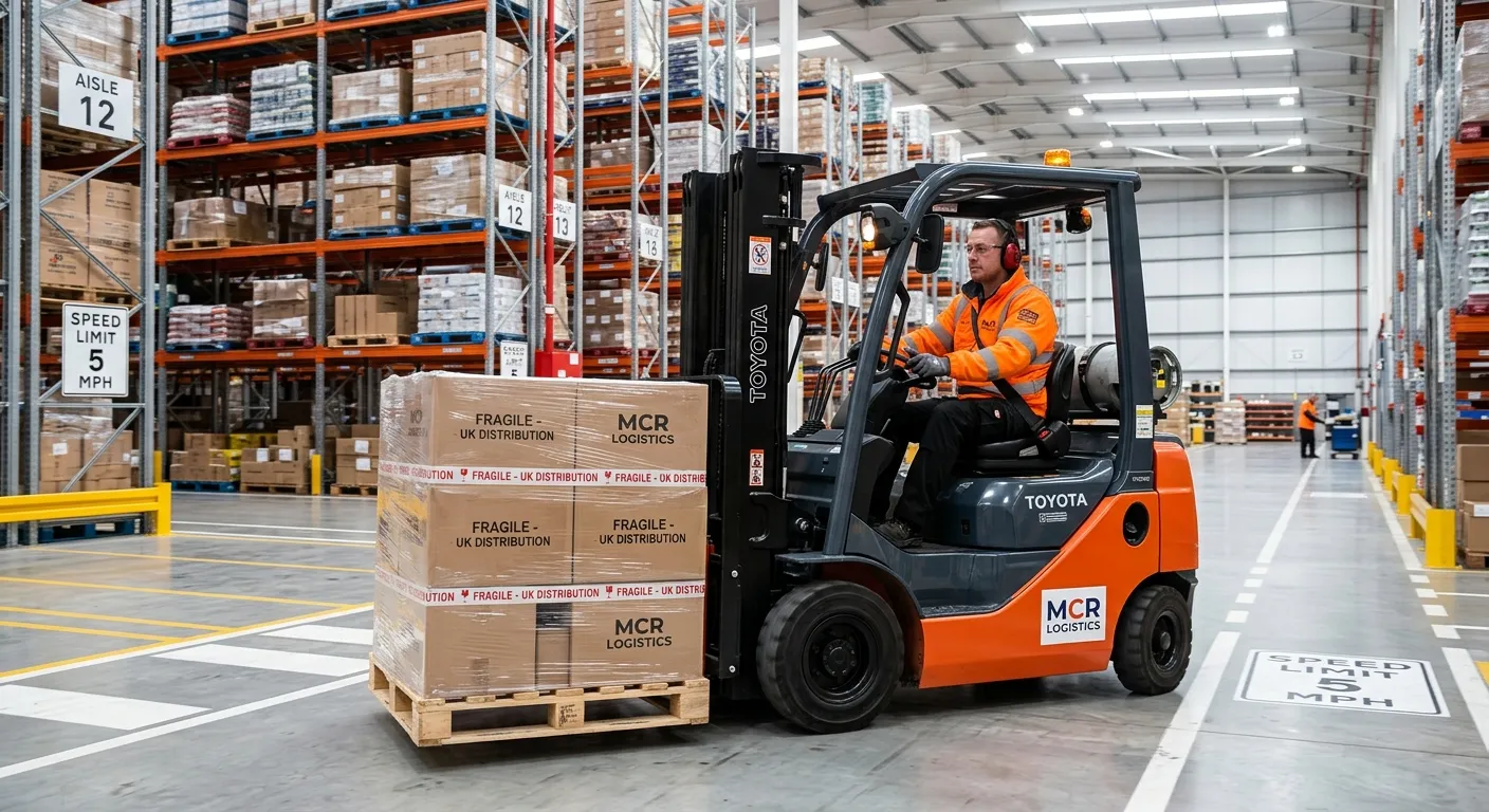A professional, well-lit photo of a certified forklift driver in a modern, clean Manchester warehous... A professional, well-lit photo of a certified forklift driver in a modern, clean Manchester warehouse, safely operating a counterbalance forklift to move pallets. The atmosphere is efficient and focused.