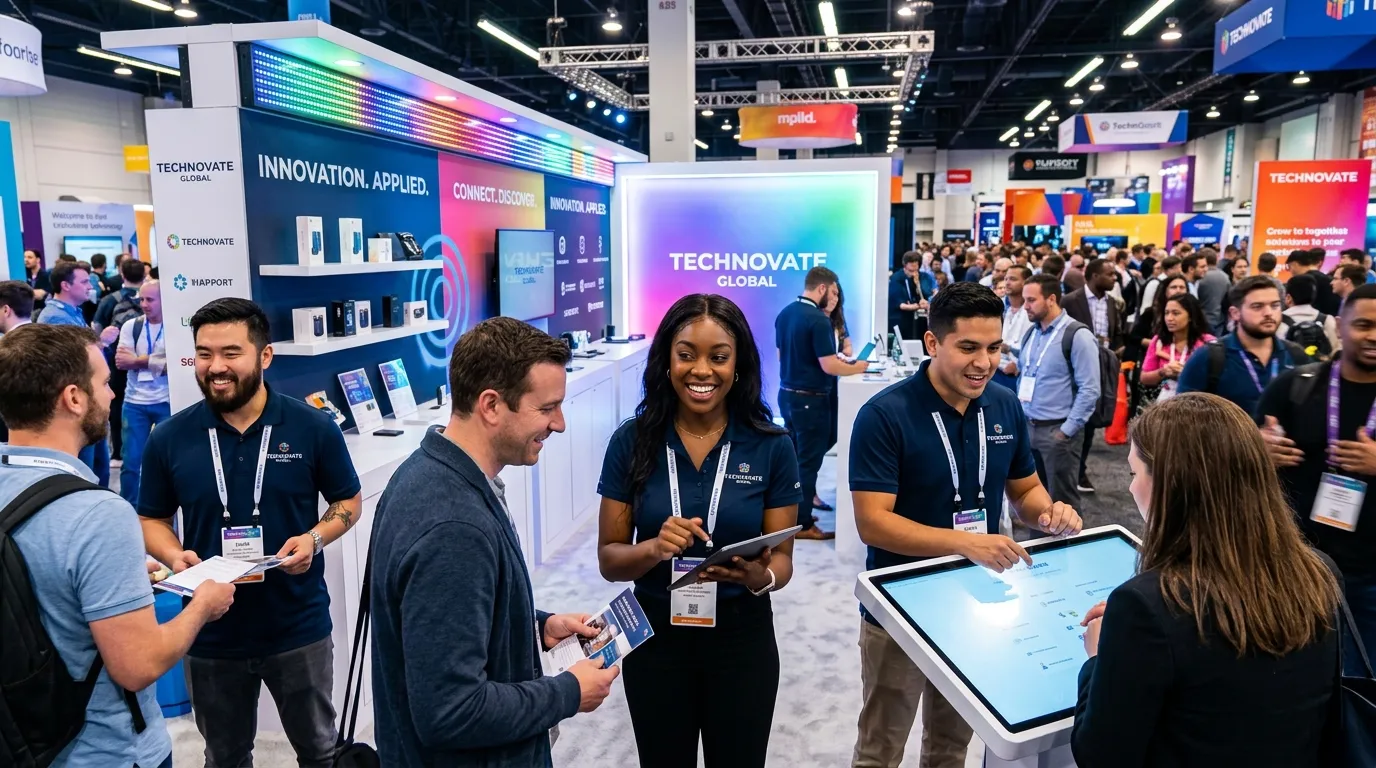 A dynamic, high-energy hero image showing a diverse team of professional trade show staff in branded attire, engaging confidently with attendees at a bustling, well-lit exhibition booth. Modern, vibrant, professional mood.