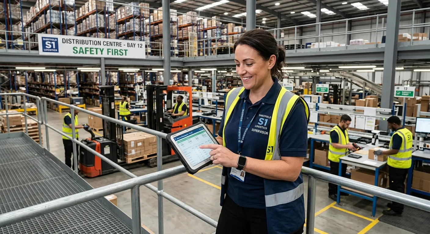 A professional, confident warehouse supervisor in a modern Sheffield S1 distribution centre, looking at a tablet with a team in the background, conveying leadership and a busy, efficient environment.