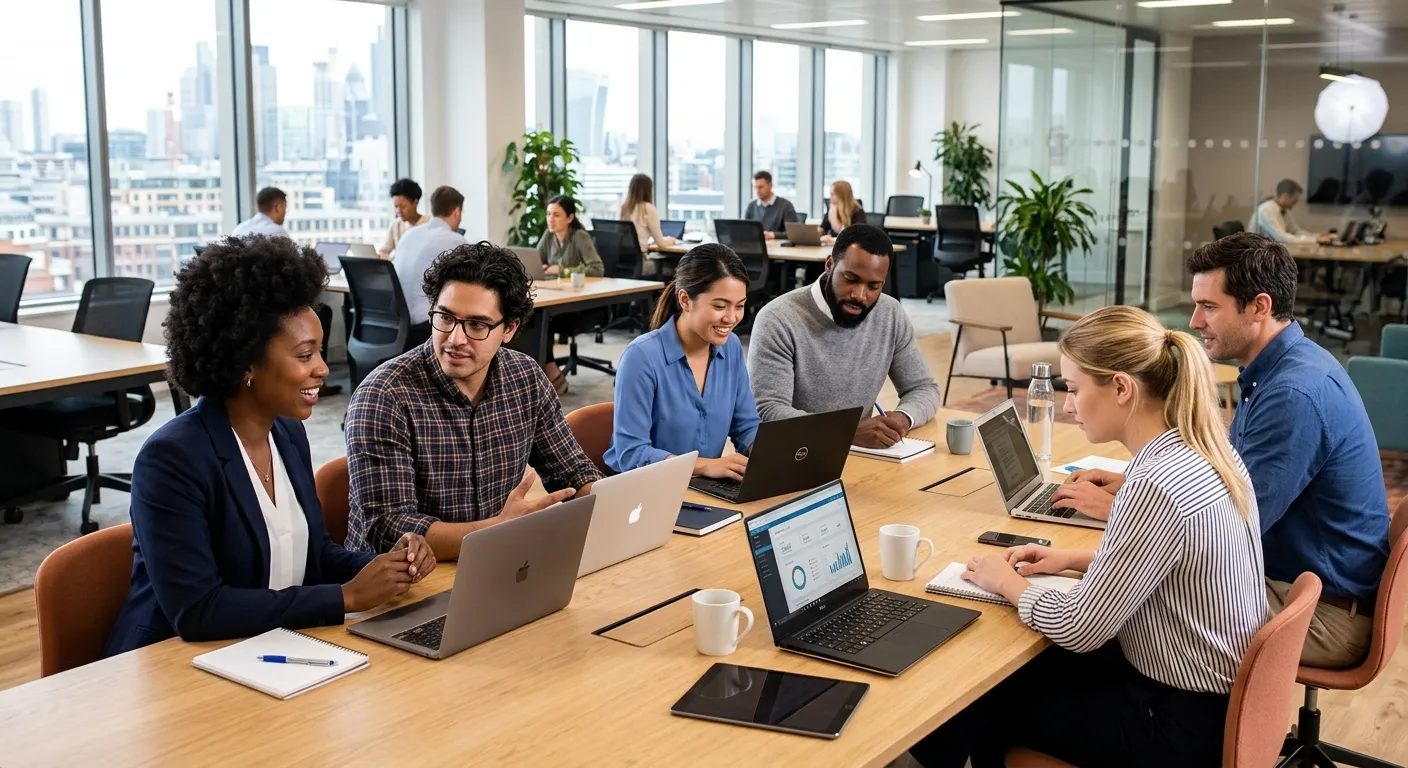 A diverse group of professional temporary workers in a modern office, some looking at laptops, others in conversation, conveying a sense of dynamic collaboration and readiness. Style: Professional, bright, high-resolution business photography.