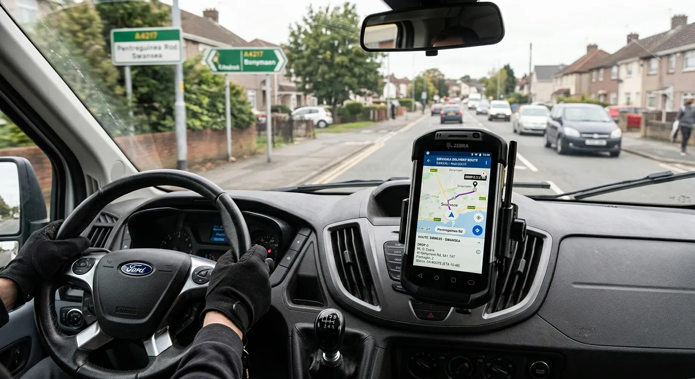 A driver's perspective photo looking at a handheld PDA device mounted in a van, showing a delivery m... A driver's perspective photo looking at a handheld PDA device mounted in a van, showing a delivery manifest and GPS map on-screen for a route in Swansea.