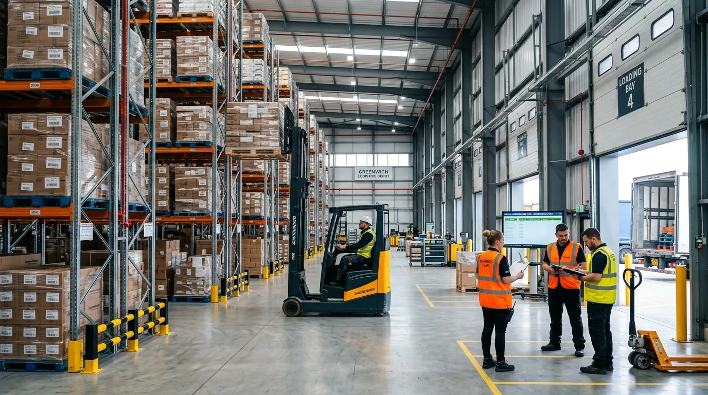 A wide-angle photo of a modern, clean warehouse interior in Greenwich, showing high racking, a forkl... A wide-angle photo of a modern, clean warehouse interior in Greenwich, showing high racking, a forklift in operation, and staff in high-vis vests coordinating near a loading bay.
