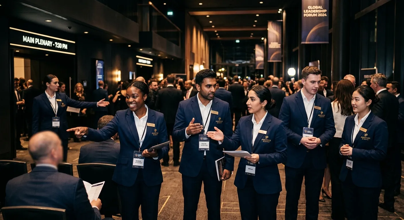 A professional, dynamic shot of a diverse team of event stewards and hospitality staff in crisp unif... A professional, dynamic shot of a diverse team of event stewards and hospitality staff in crisp uniforms, working efficiently at a high-profile conference or venue. The image should convey precision, teamwork, and a prestigious atmosphere. Moody, high-contrast lighting.