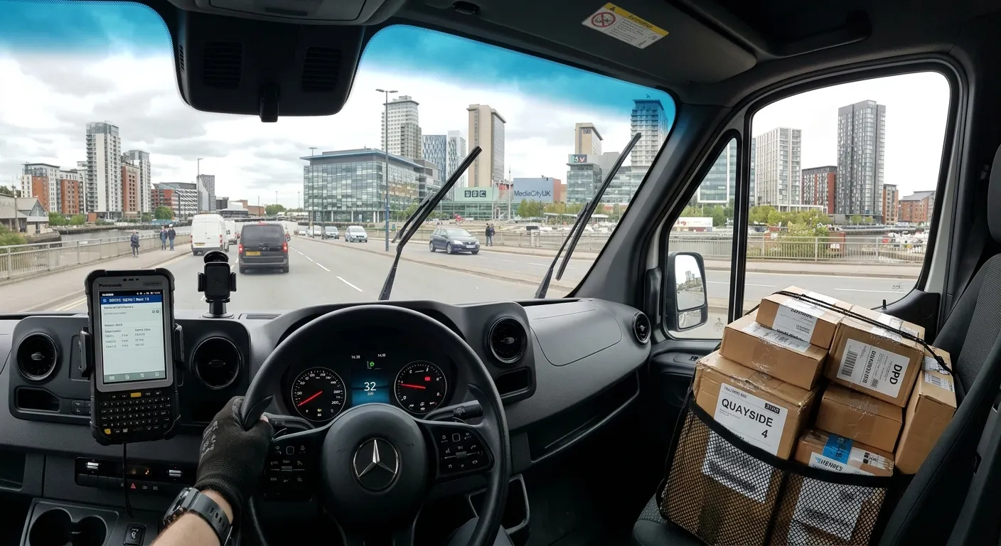 A driver's-eye view from inside a modern van cabin, showing a handheld POD device on the dash, a sor... A driver's-eye view from inside a modern van cabin, showing a handheld POD device on the dash, a sorted stack of parcels in the passenger seat, and the Salford Quays skyline through the windscreen.