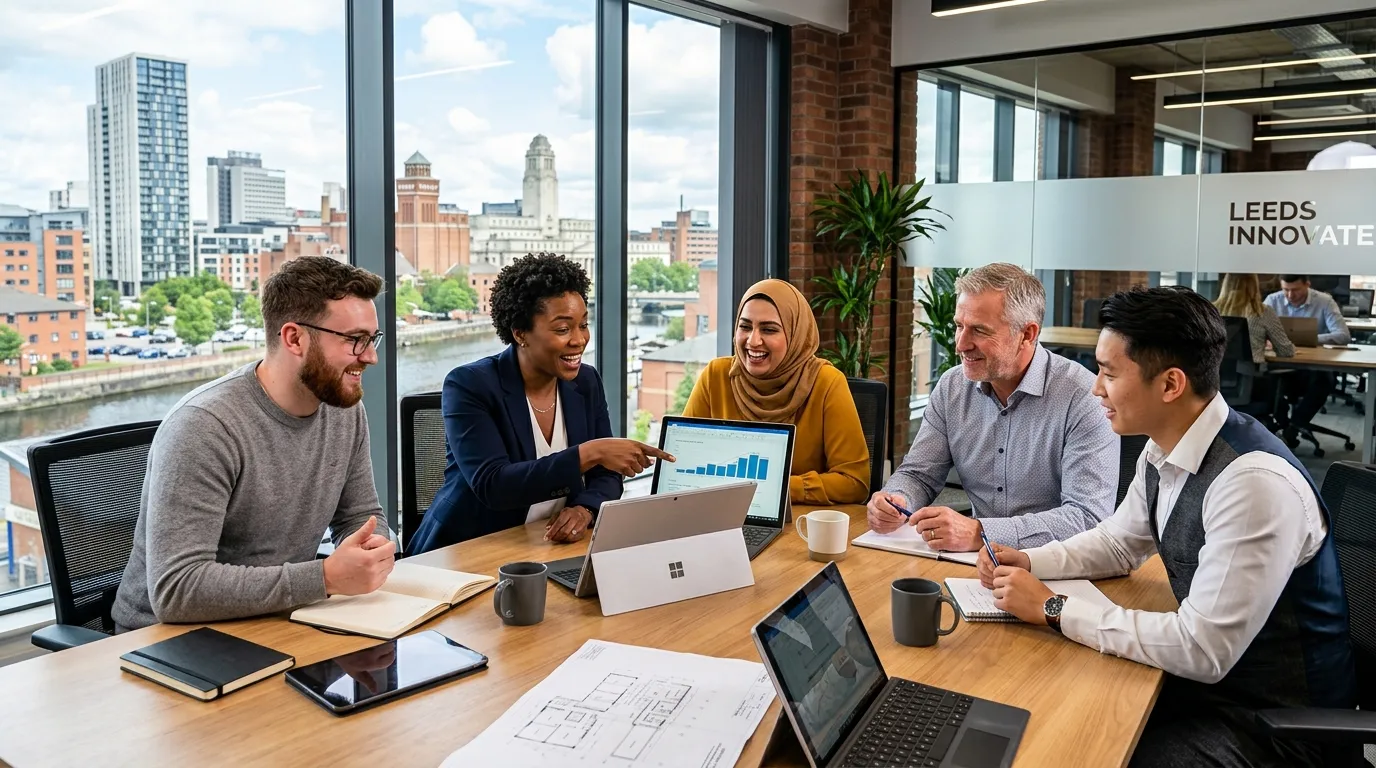 A dynamic, professional hero image showing a diverse team of professionals in a modern Leeds office... A dynamic, professional hero image showing a diverse team of professionals in a modern Leeds office setting, collaborating around a table with the Leeds skyline visible through a window. Style: Vibrant, professional, high-contrast. Mood: Collaborative, successful, forward-thinking.