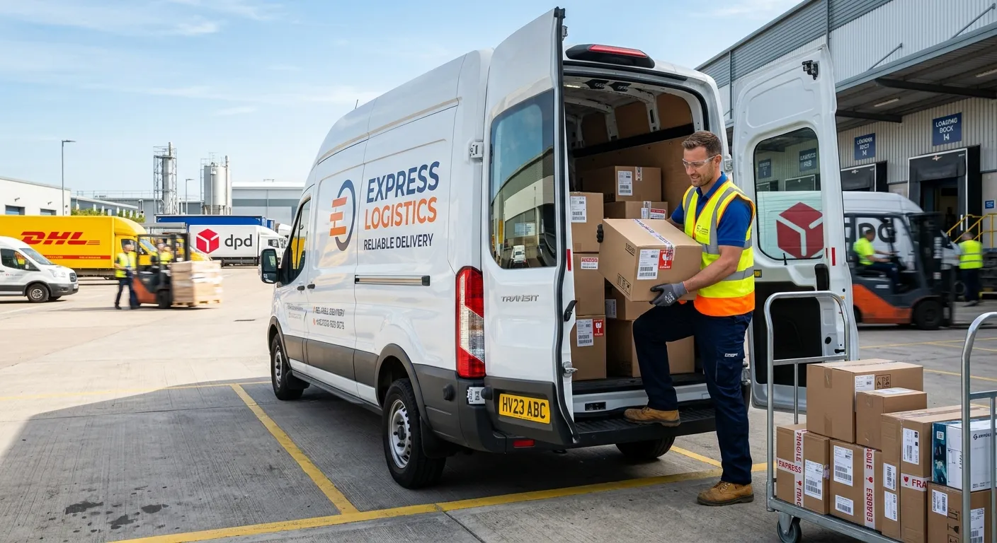 A professional van driver in high-visibility clothing, loading packages into a modern commercial van... A professional van driver in high-visibility clothing, loading packages into a modern commercial van at a logistics depot. Bright, clear day, focusing on efficiency and professionalism.