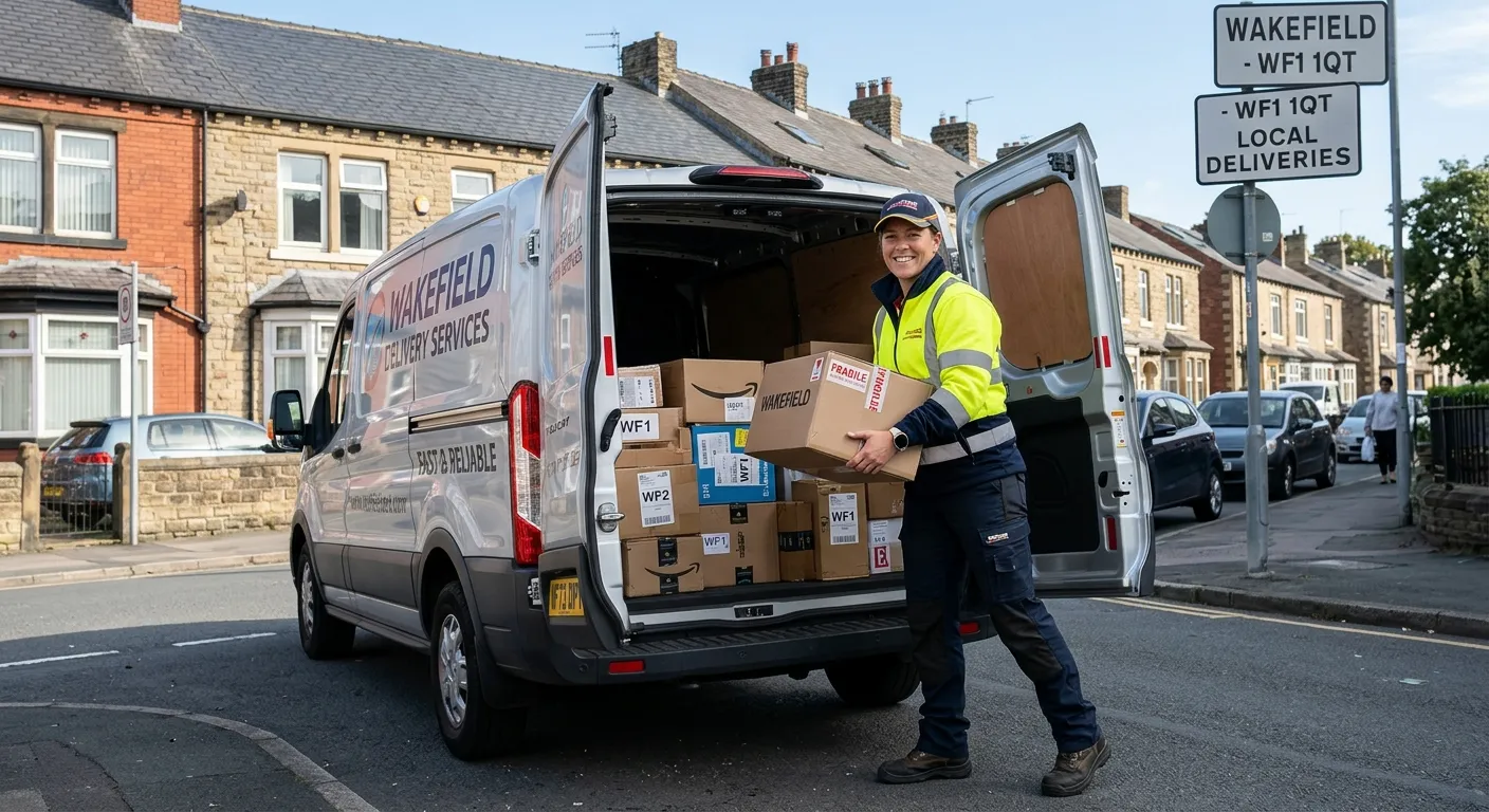 A professional, confident multi-drop delivery driver in high-visibility clothing, loading parcels in... A professional, confident multi-drop delivery driver in high-visibility clothing, loading parcels into a modern van on a street in Wakefield. The image should convey efficiency, reliability, and a local feel, with a clear sky and the driver smiling. Style: professional photography, bright, realistic.