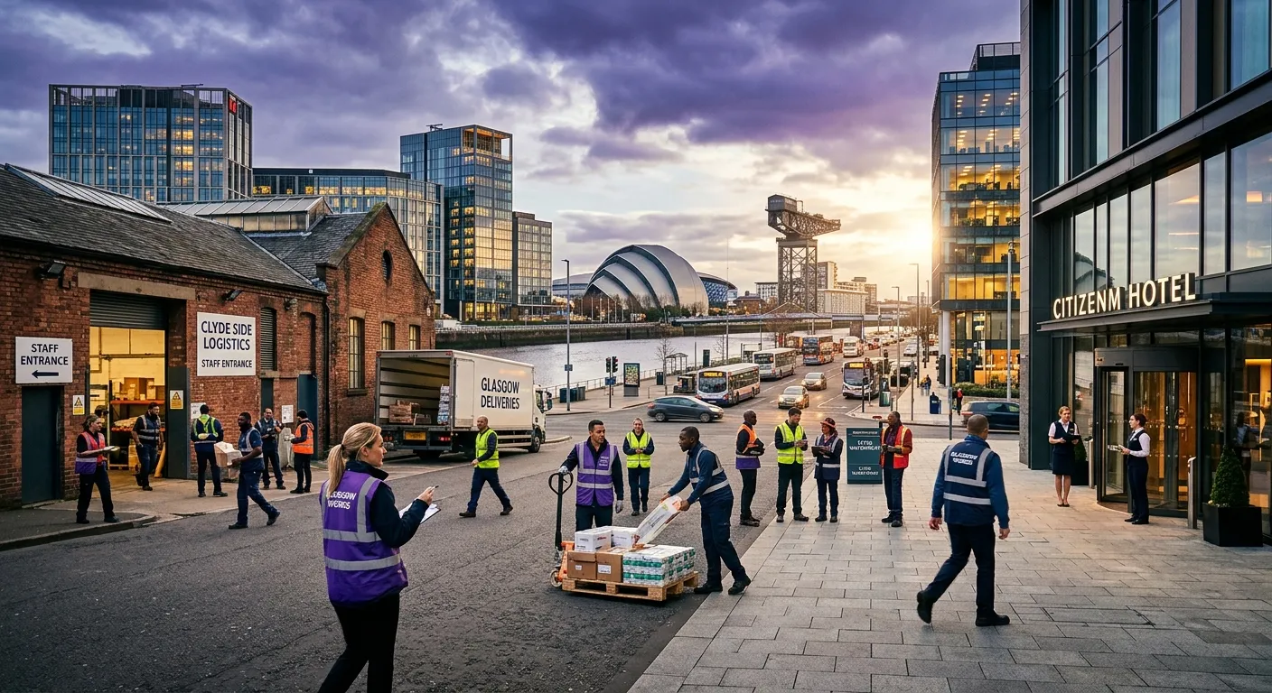 A bright, professional Glasgow cityscape with modern commercial buildings, hotel entrances, warehouse loading bays, and diverse temporary staff in workwear, cinematic lighting, trustworthy and energetic mood, high contrast violet and indigo brand tones
