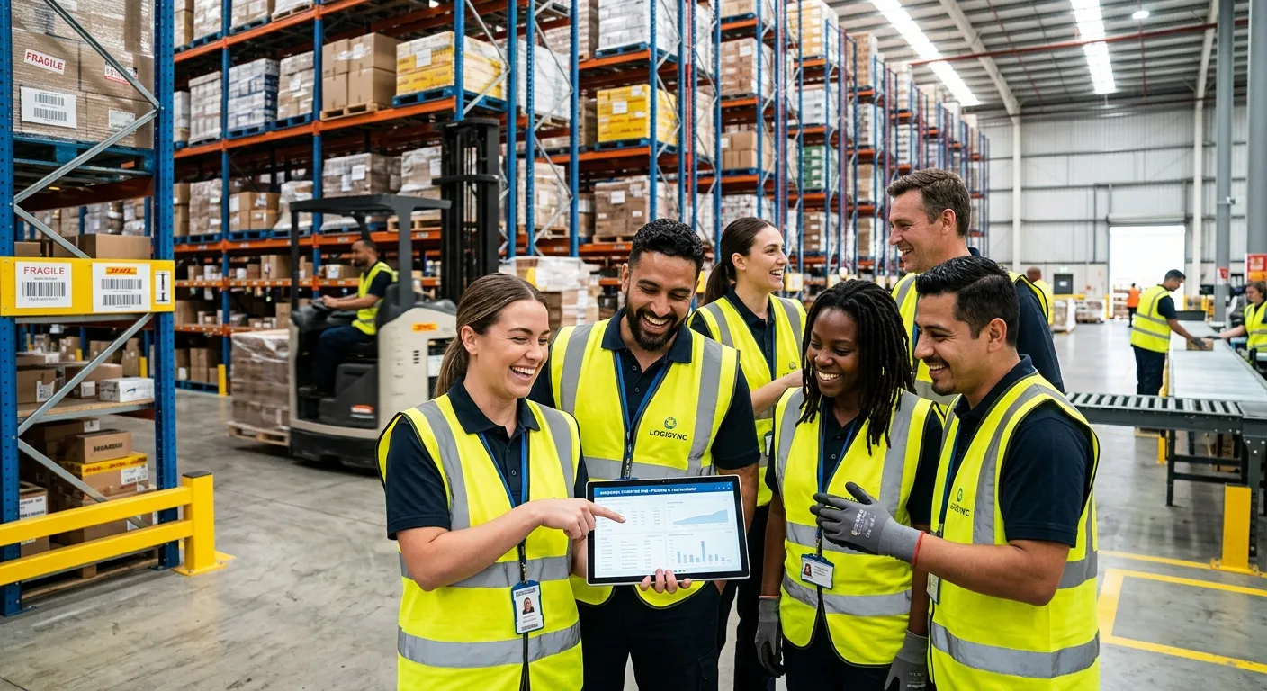 Professional, high-energy photo of a diverse team of warehouse operatives and managers collaborating in a modern logistics hub, smiling and reviewing a digital tablet. Style: Bright, modern, with a focus on teamwork and efficiency.