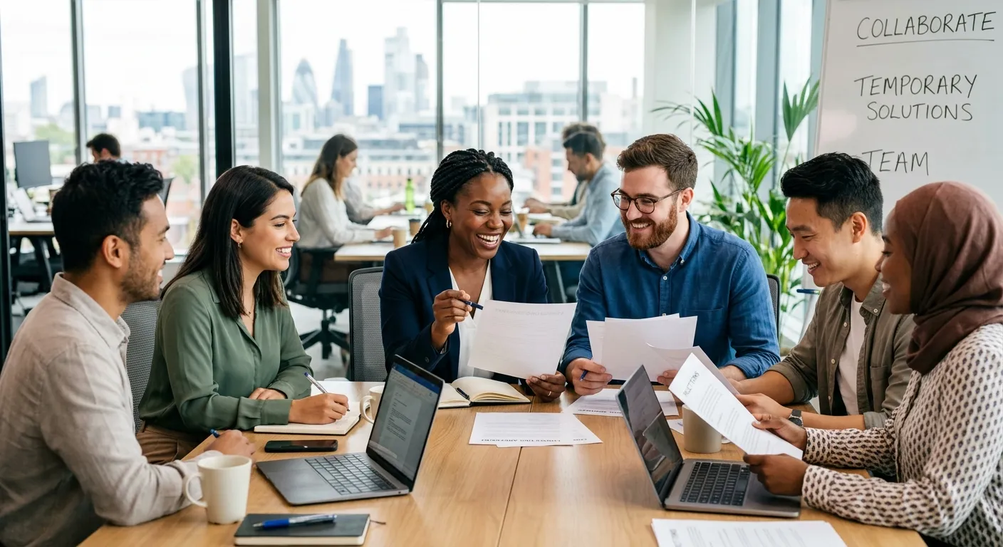 A professional, diverse group of temporary workers in a modern office setting, reviewing contracts and smiling. Style: Bright, vibrant, and professional. Mood: Collaborative and confident.