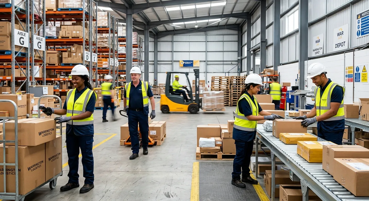 A modern, dynamic warehouse interior in Warrington, showing a diverse team of warehouse assistants w... A modern, dynamic warehouse interior in Warrington, showing a diverse team of warehouse assistants working efficiently with a forklift in the background. Professional, vibrant, and action-oriented style.