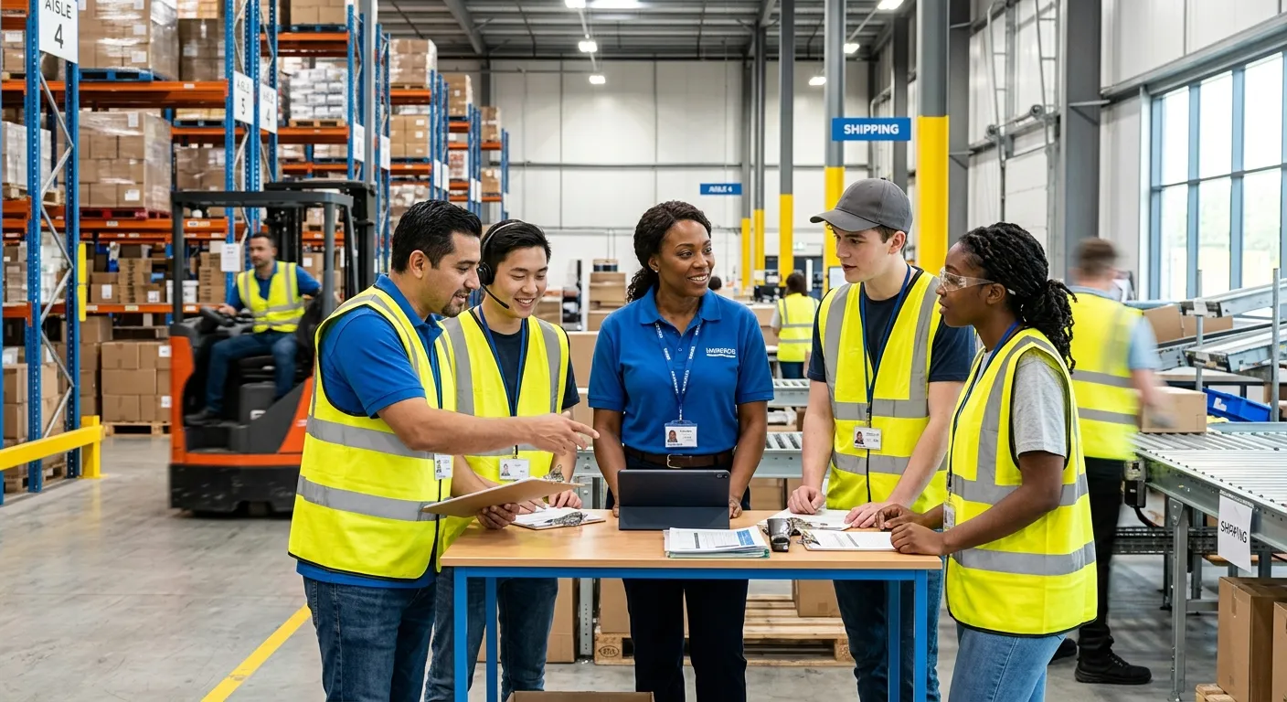 A dynamic, professional photo of a diverse group of temporary workers in a modern warehouse or office setting, collaborating with a manager. Style should be vibrant, high-energy, and focused on teamwork.