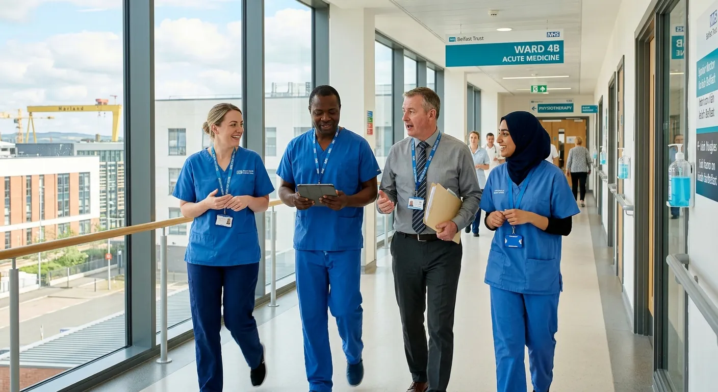 A dynamic, professional photo of a diverse team of healthcare and administrative staff in a modern B... A dynamic, professional photo of a diverse team of healthcare and administrative staff in a modern Belfast Trust hospital setting, collaborating in a bright, clean corridor. Style: Authentic, high-resolution, warm tone.