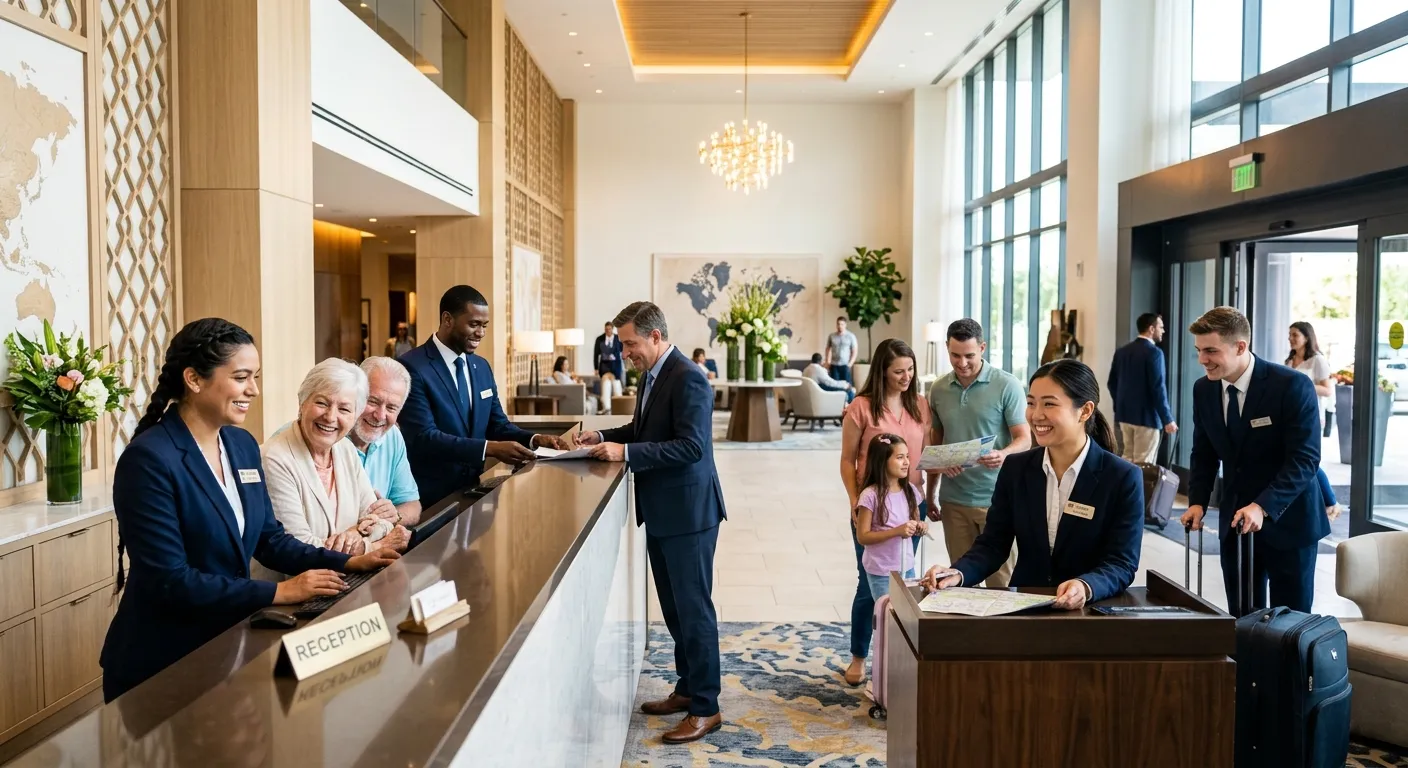 A diverse team of professional hospitality staff in a modern hotel lobby, smiling and assisting guests. Style: Bright, professional, and welcoming.