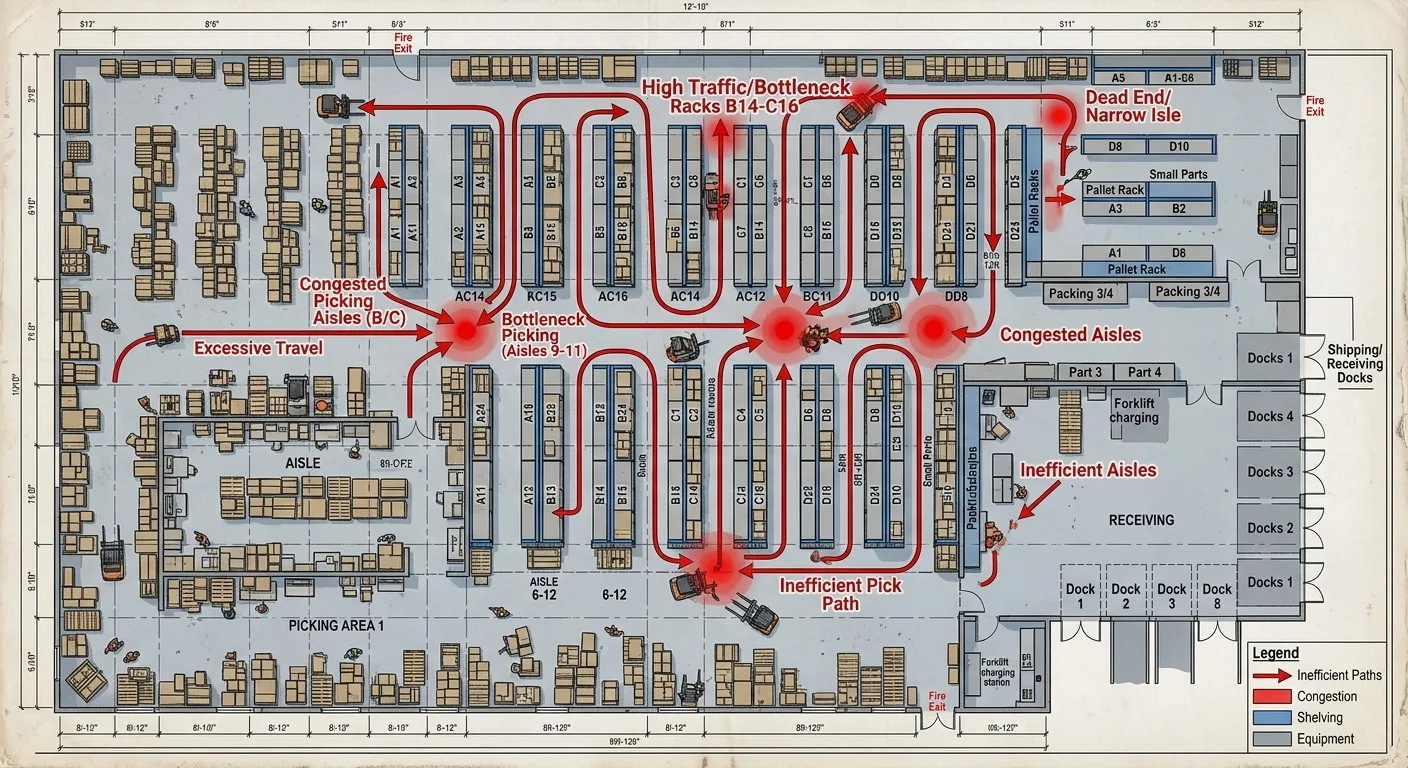 A cluttered warehouse floor plan with red arrows highlighting inefficient pick paths and congestion points.