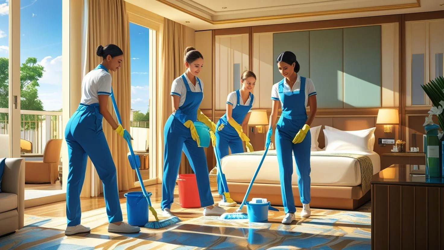 Hotel Housekeeping Team cleaning a guest room in London